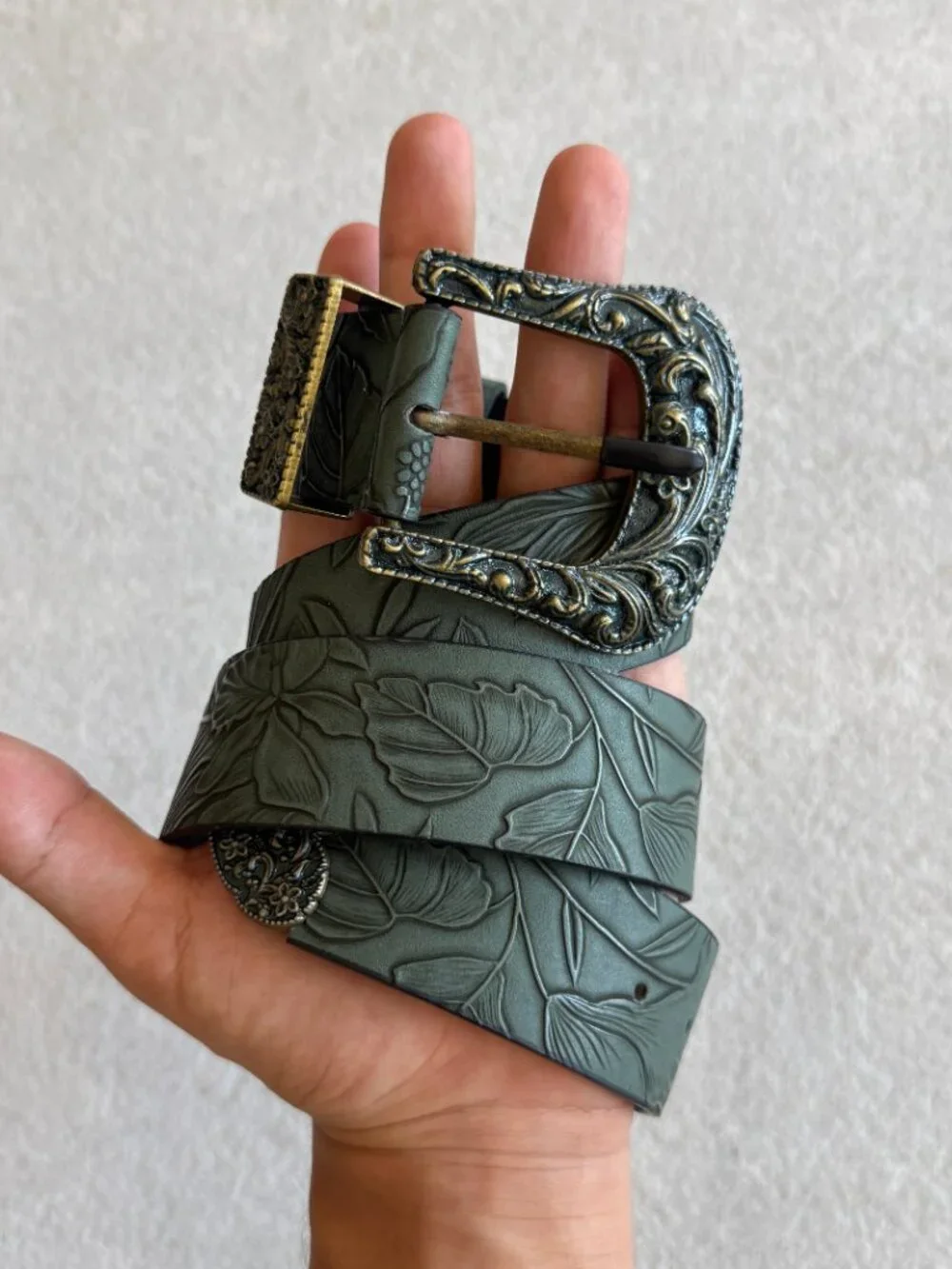 Olive Floral Embossed Western Belt